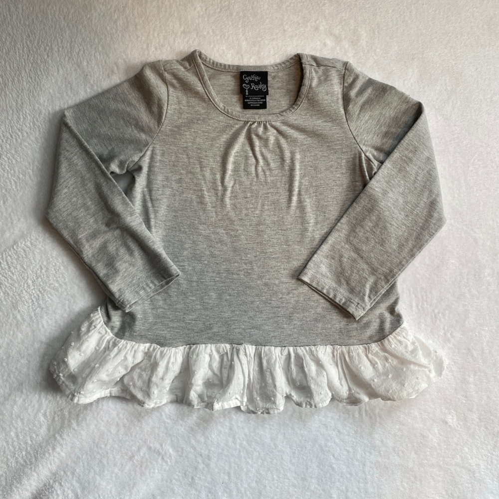 Cynthia Rowley Girl's Long Sleeve Shirt Blouse Gray White Ruffle Size 4T GUC